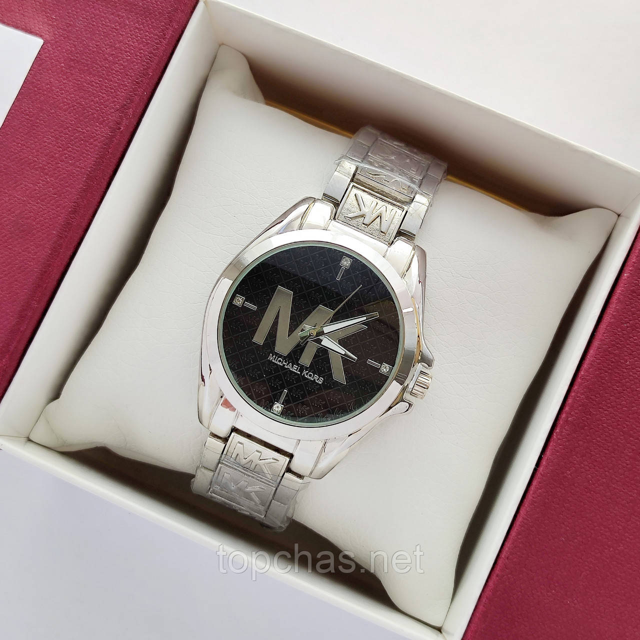 Жіночий наручний годинник Michael Kors (майкл корс) сріблястого кольору, з логотипом на браслеті - код 2462b