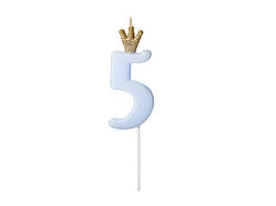 Свічка для торта 5 блакитна з короною 9,5см Party Deco