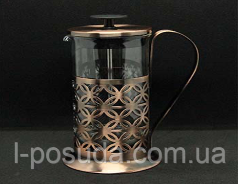 Заварник френч прес із термостійкого скла 350 мл у металевій оправі Антик-латунь, фото 1