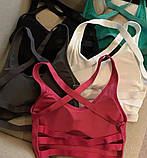 Жіночий чорний топік, спортивний топ у рубчик з чашками пушап та декоративною спинкою, топ зі шнурівкою S/M, фото 3