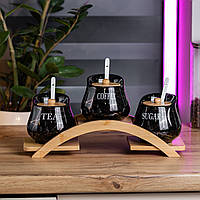 Набір банок 3 штуки по 500 мл для сипучих продуктів з керамічними ложками на бамбуковій підставці