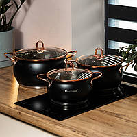 Набір каструль із нержавіючої сталі з кришками і товстим дном Haus Roland 3 штуки 2.6 л - 3.6 л - 6.1 л чорний