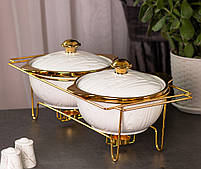 Марміти глибокі круглі 2 шт по 1.5 літра для супів керамічні з металевою підставкою з підігрівом