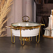 Марміт круглий 1.5 літра настільний з підігрівом для 1х страв керамічний на металевій підставці з кришкою