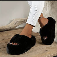 Жіночі капці пухнасті на високій платформі чорні 38