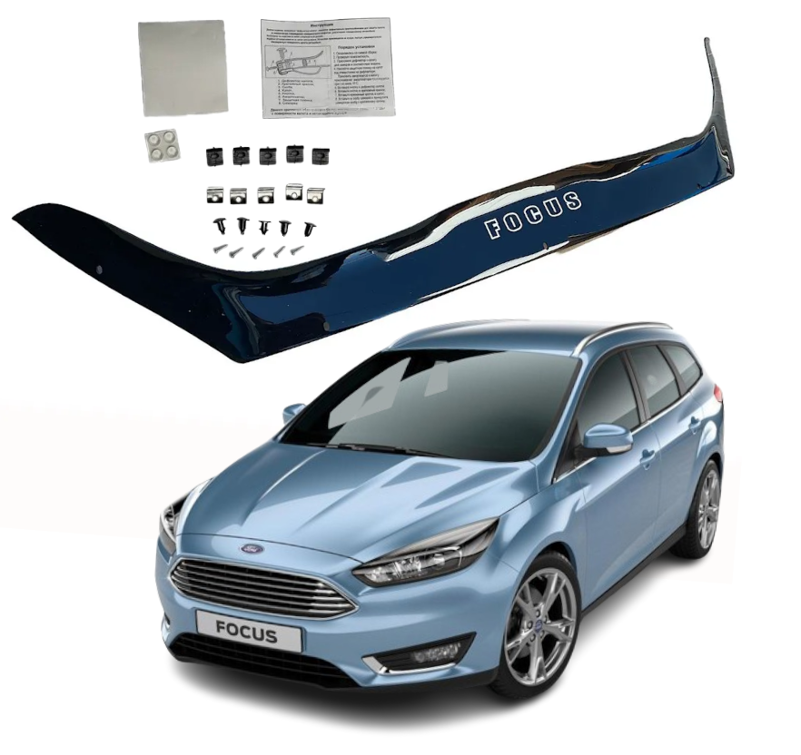 Дефлектор капота на Ford Focus III 2011-2015 євро кріпеж ANV. Мухобійка Форд Фокус 3