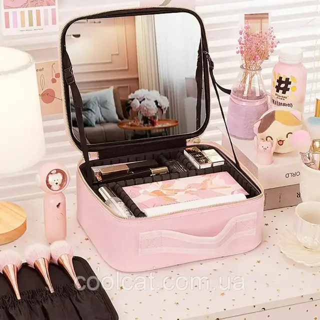 Дорожная косметичка с зеркалом (26х23х11см), Розовый / Сумка для