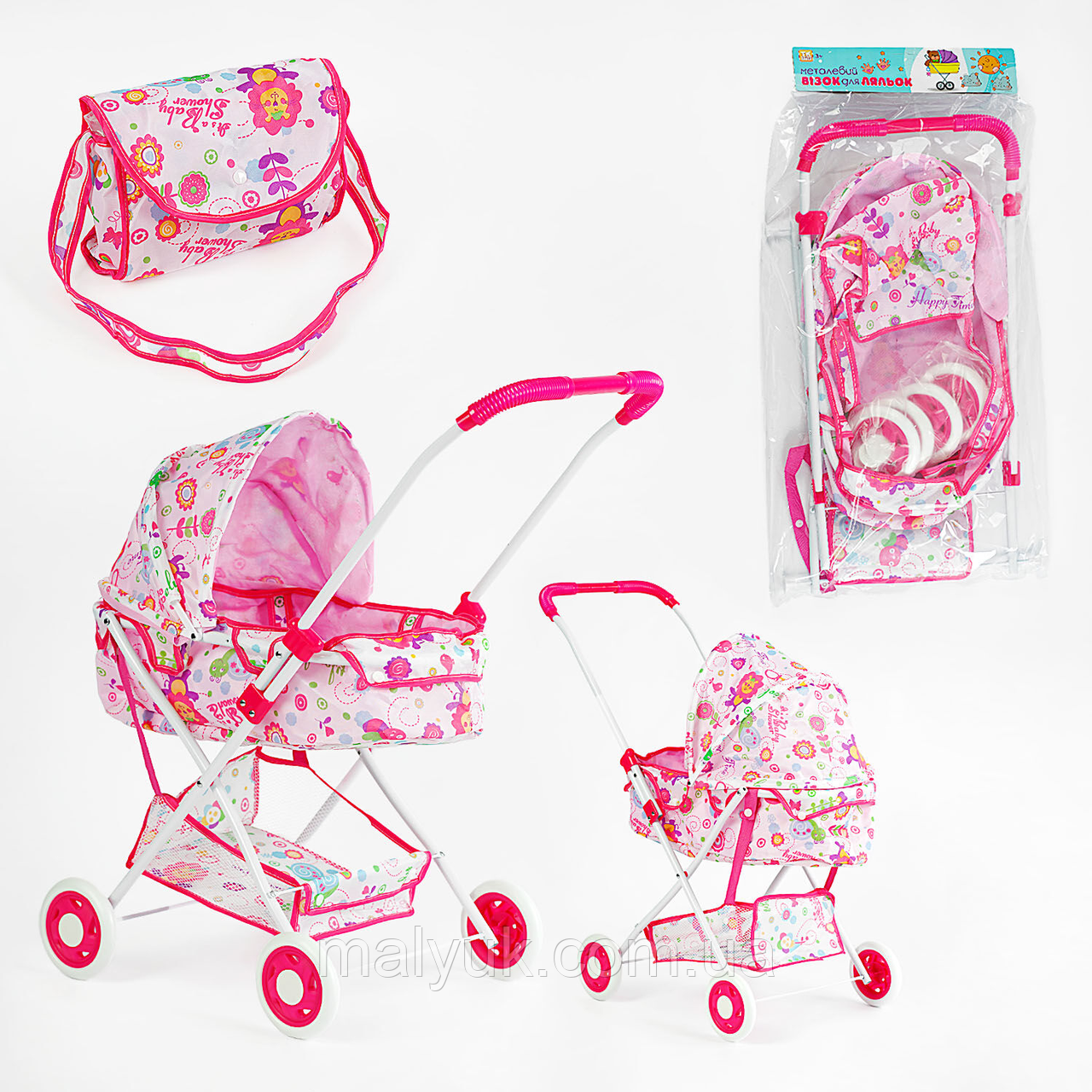 Візок для ляльок "TK Group", складна конструкція, пупс до 45 см, сумочка, кошик
