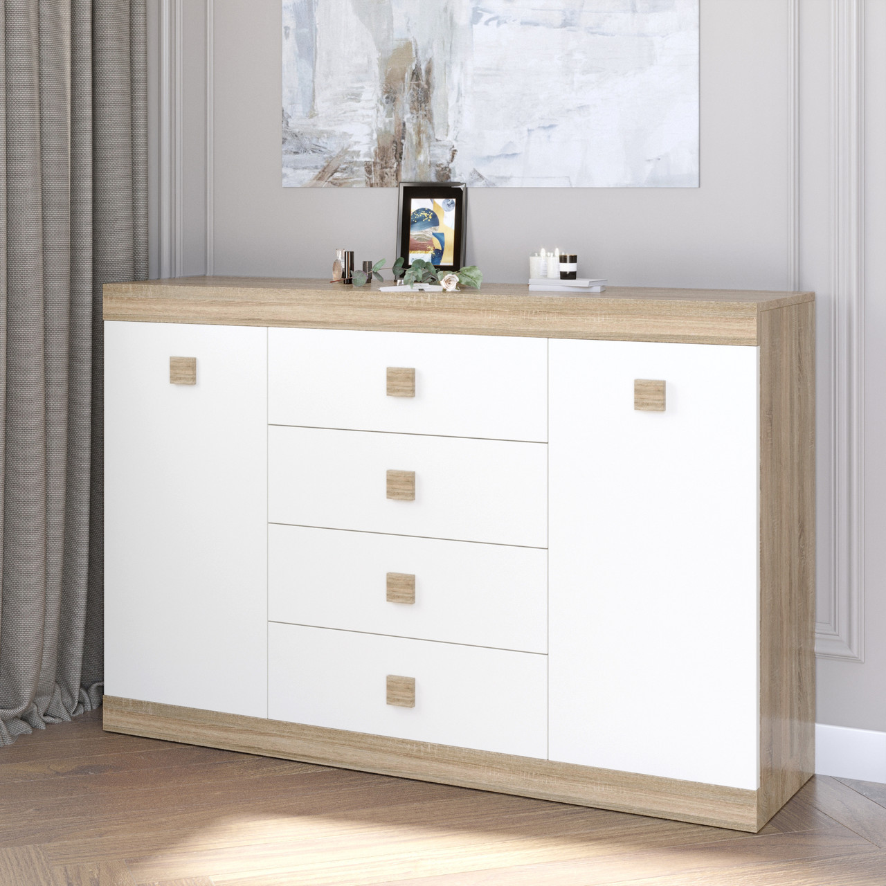 Великий комод Еверест на 4 ящики Соната-8 140х38х94 дуб сонома + білий (DTM-2013), фото 1