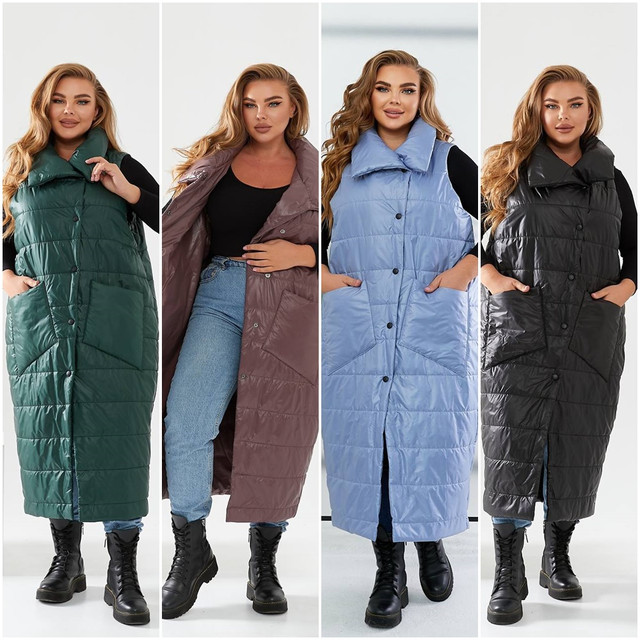 Жилет довгий жіночий батали і супербатали з плащової тканини з карманами без капюшону