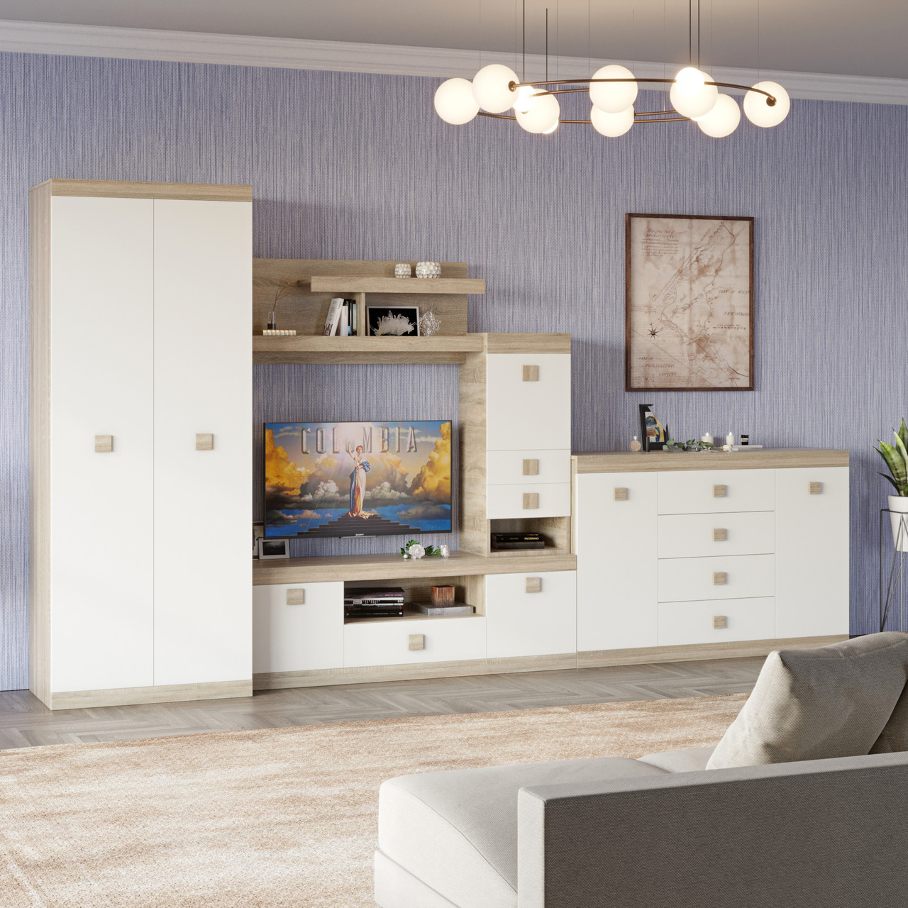 Стінка для вітальні Еверест Соната 2 (модульна - 5 елементів) дуб сонома + білий (DTM-2512)