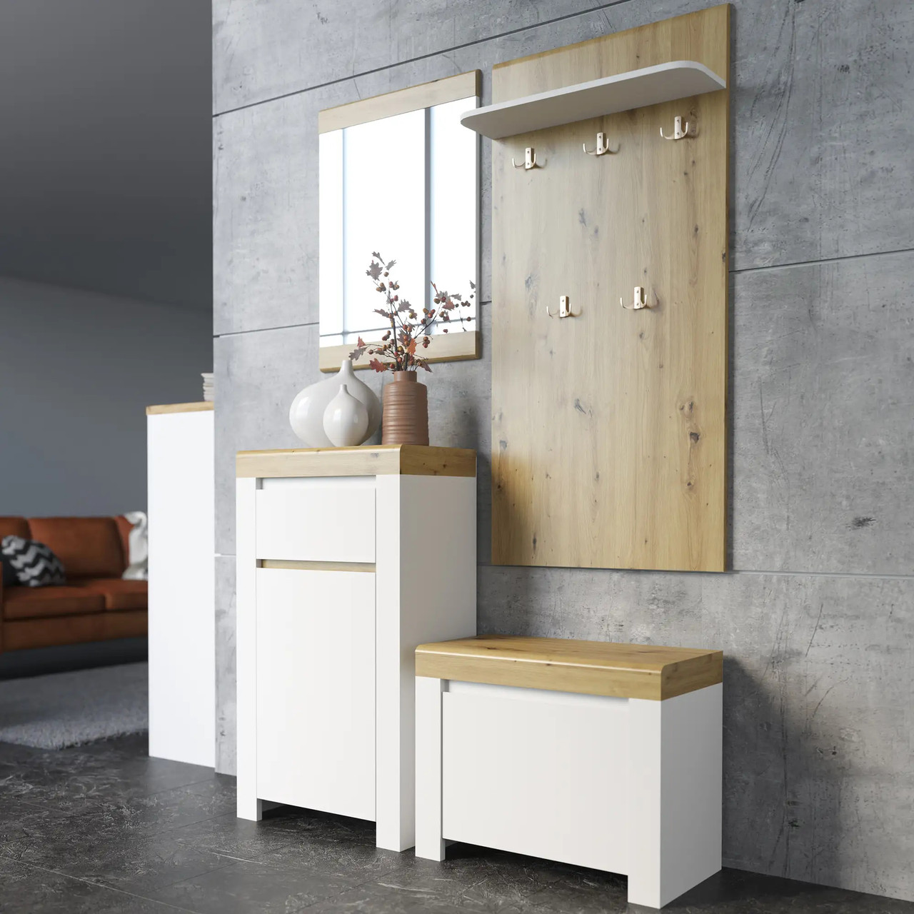 Передпокій модульний із дзеркалом Гербор Ріко Німфея альба + Дуб артизан 131х36х198 см