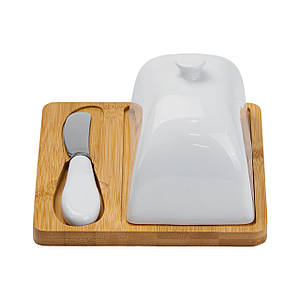 Керамічна маслянка для вершкового масла з ножем і керамічною кришкою на бамбуковій підставці 15*15*9 см