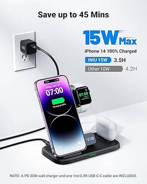 Бездротова зарядна станція INIU 3 в 1, 15 Вт 8 7 6 5 3 SE Ultra, iPhone 15 14 12 Pro Max Mini, Airpods, фото 4