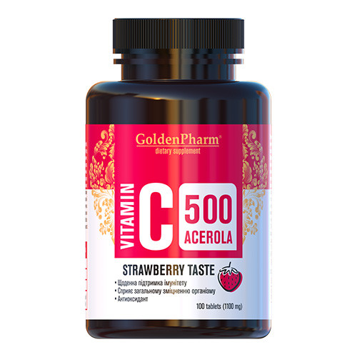 Вітаміни та мінерали Golden Pharm Vitamin C 500 mg with Acerola, 100 таблеток Полуниця EXP
