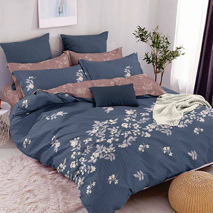 Тканини компаньйони 220 см синя та коричнева Бязь Gold Lux для постільної білизни квітковий принт (A+B) рулони (50 м+50 м), фото 1