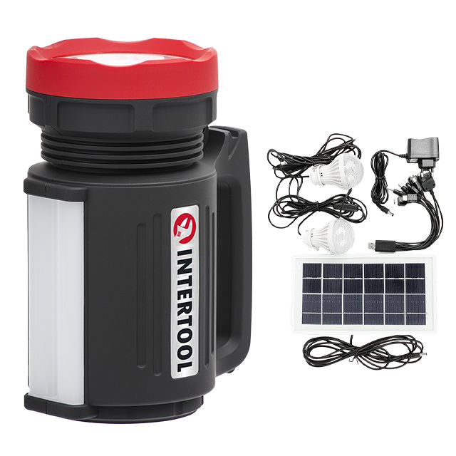 Ліхтар акумуляторний 1 LED 5 W + 22SMD, виносна сонячна панель, виносні 2 led лампи, кабель для зарядки телефону INTERTOOL LB-0105, фото 1