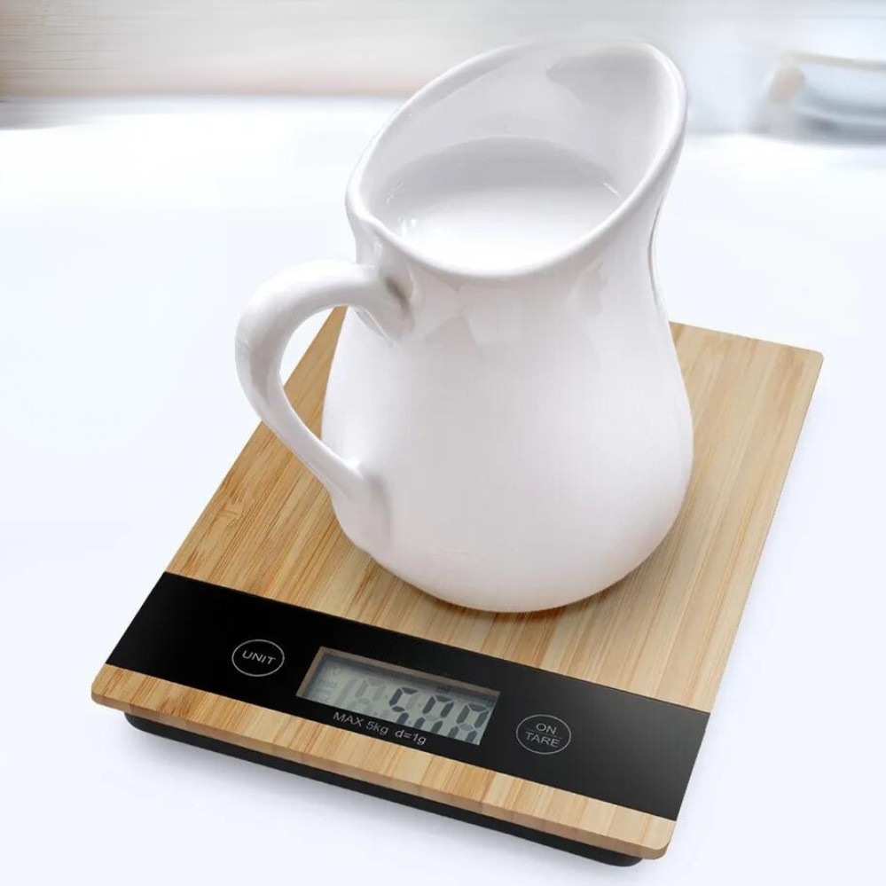 Сенсорні кухонні ваги MX-406 з дисплеєм до 5 кг настільні бамбукові з плоскою платформою для кухні, фото 1