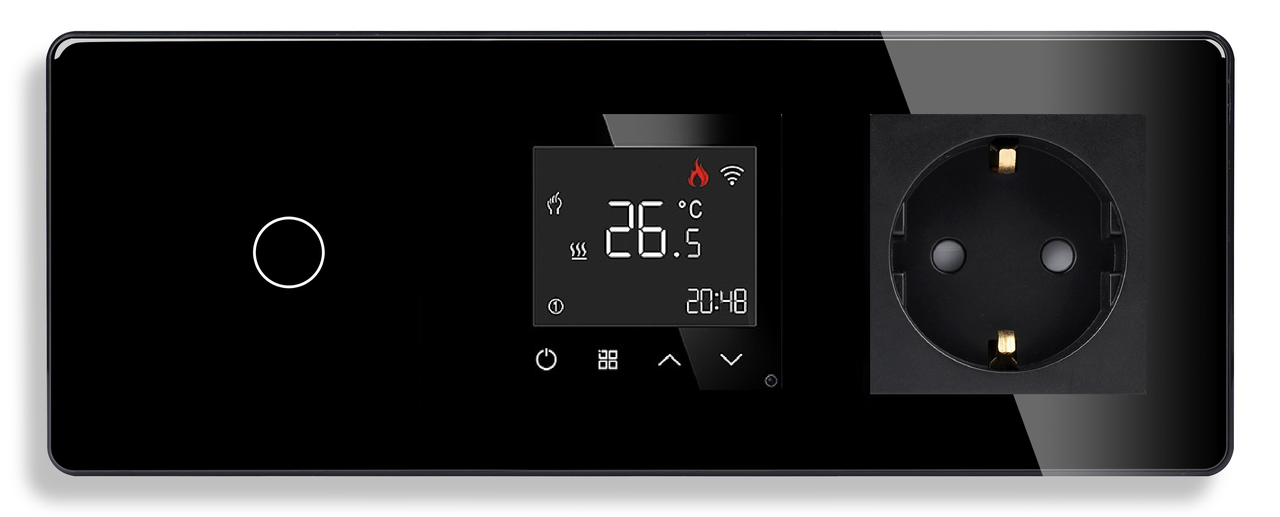 Скляна панель: WiFi терморегулятор + Вимикач + Розетка 1DAL | Чорний, (G228D-SW1G-TR.WF-ST.BL)