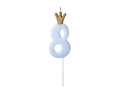 Свічка для торта 8 блакитна з короною 9,5см Party Deco