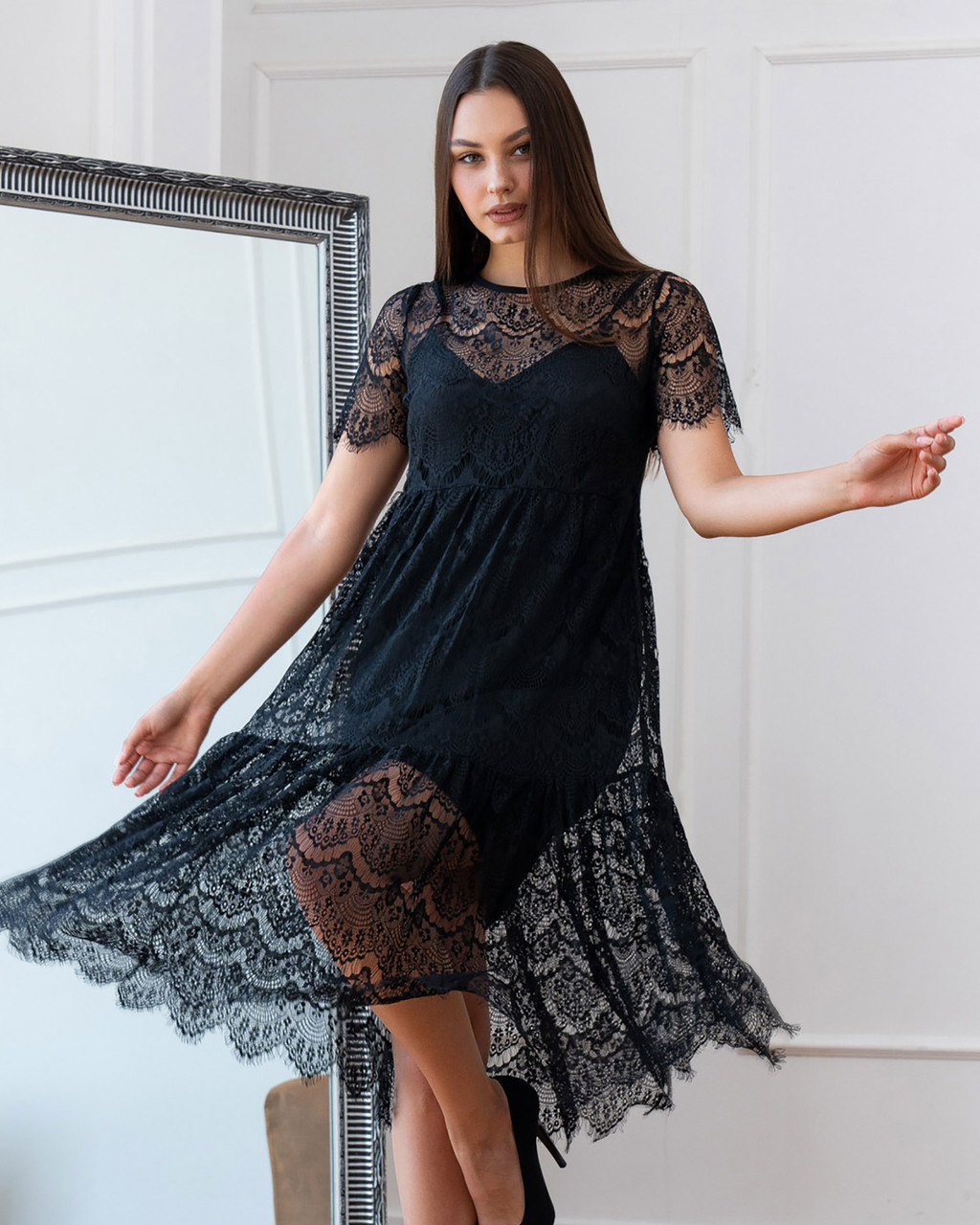 Стильне та зручне літнє мереживне плаття-двійка Starla, чорне, фото 1