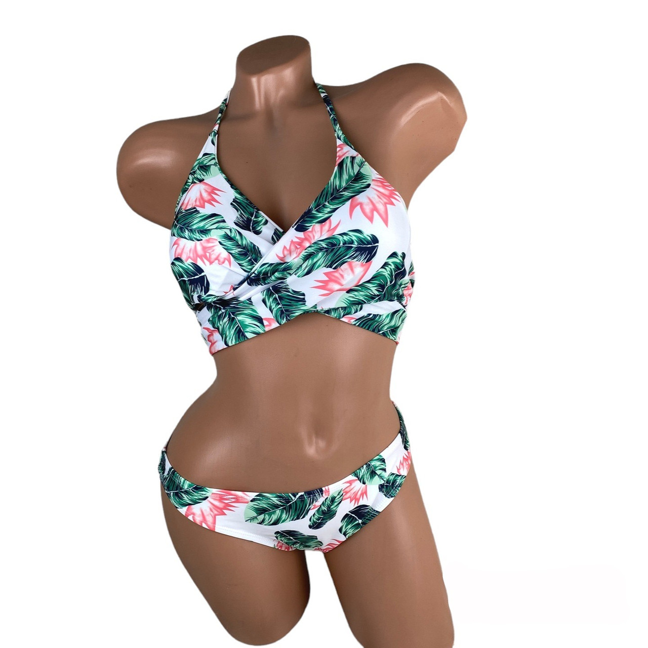 Купальник білий із зеленим листям зав'язки під грудьми М жіночий роздільний стильний гарний, фото 1