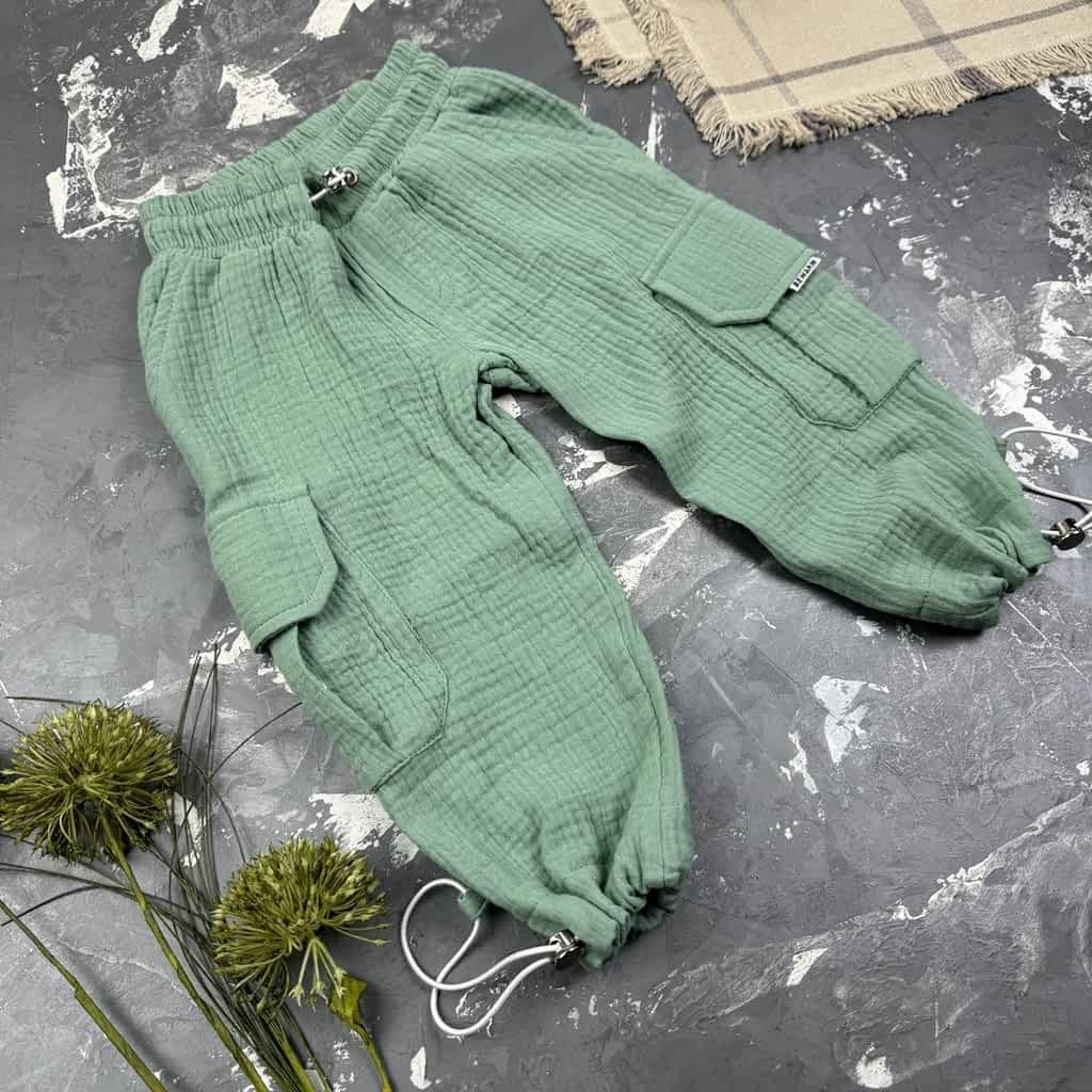 Муслінові літні дитячі штани Карго хакі BEWARM, фото 1