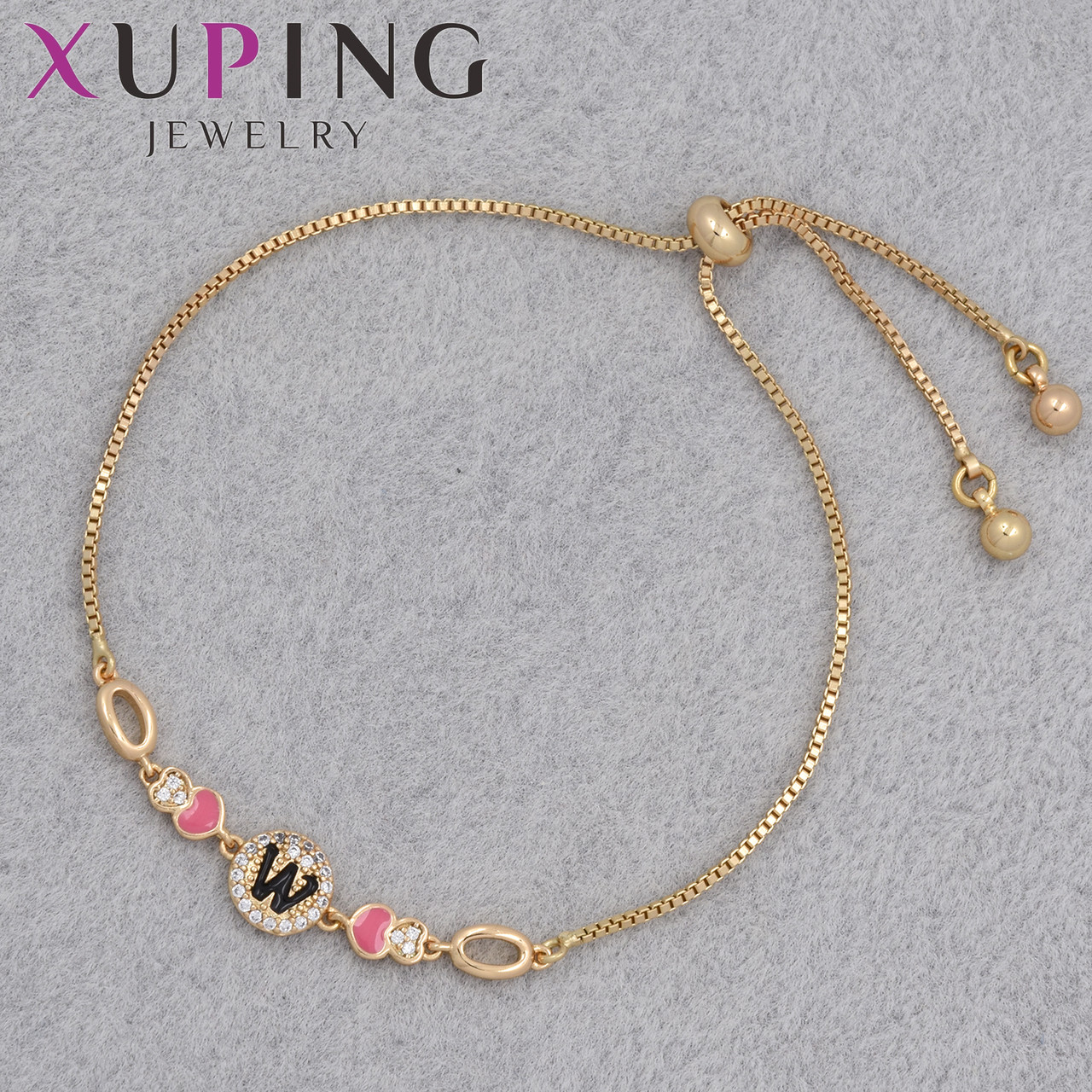 Браслет тонкий золотистого цвета Xuping Jewerly 18К с буквой и белыми стразами застёжка регулируемая затяжка