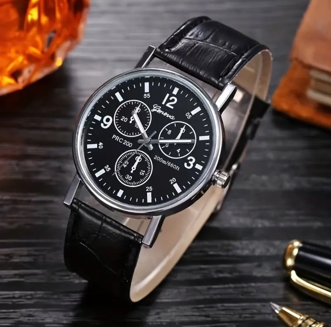 Чоловічий стильний наручний годинник Geneva, чорний ремінець, фото 1