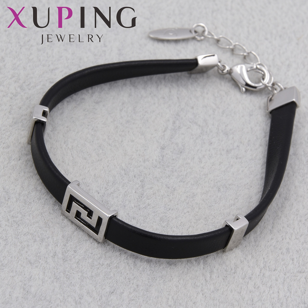 Браслет чорний з екошкіри з металевими вставками сріблястого кольору Xuping Jewerly родій довжина 20 см