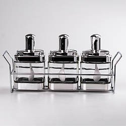 Банки для сипучих продуктів набір з 3 шт скляні ємності для зберігання з ложкою на металевій підставці