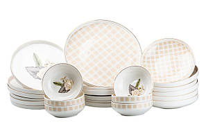 Столовий сервіз тарілок 24 штуки керамічних на 6 персон Бежевий клітинка квіти