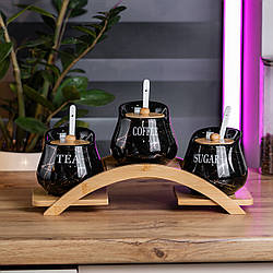 Набір банок для чаю кави цукру по 500 мл з керамічними ложками на дерев'яній підставці