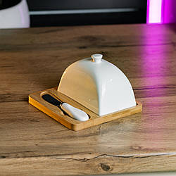 Маслянка для вершкового масла з ножем та керамічною кришкою на бамбуковій підставці