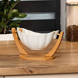 Ваза для фруктів біла керамічна 33×14×16 см на дерев'яній підставці фруктівниця цукерниця