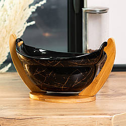 Фруктівниця чорна керамічна 32×18.5×18 см ваза для фруктів на дерев'яній підставці