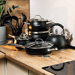 Великий набір кухонного посуду з нержавіючої сталі каструлі з товстим дном, сковорода, чайник, набір лопаток