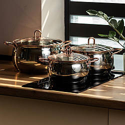 Каструлі нержавіюча сталь індукційні набір 3 штуки з кришками і товстим дном