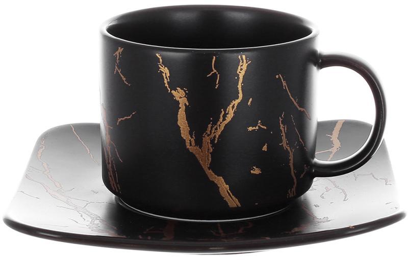 Кавова чашка з блюдцем "Мармурова Розкіш" 250 мл, порцеляна чорний із золотом, фото 1