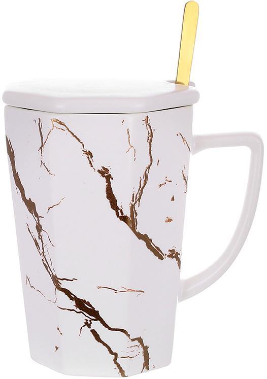 Кухоль з кришкою і ложечкою "Мраморна Розкіш" 350 мл, порцеляна білий із золотом, фото 1