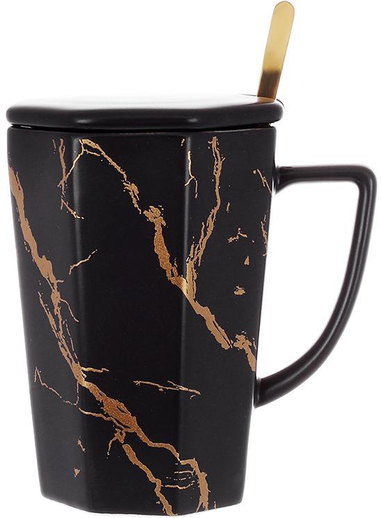 Кухоль з кришкою і ложечкою "Мраморна Розкіш" 350 мл, порцеляна чорний із золотом, фото 1