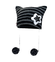 Біні шапка з вушками і зіркою в стилі аніме k-pop в'язана демісезонна чорно-сіра