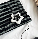 Біні шапка з вушками і зіркою в стилі аніме k-pop в'язана демісезонна чорно-сіра, фото 4