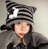 Біні шапка з вушками і зіркою в стилі аніме k-pop в'язана демісезонна чорно-сіра, фото 6