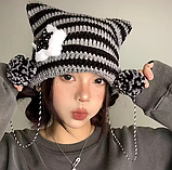 Біні шапка з вушками і зіркою в стилі аніме k-pop в'язана демісезонна чорно-сіра, фото 2