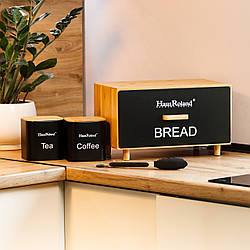 Бамбукова хлібниця з баночками для зберігання сипучих продуктів 2 шт по 1 літру + щипці кухонні набір чорний