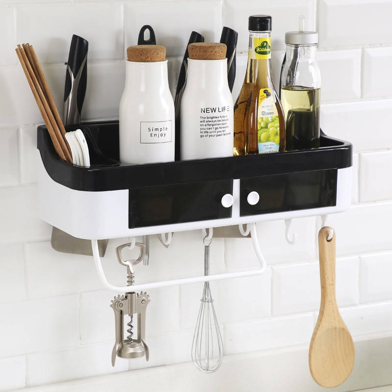 

Вместительная полка для кухни или ванной с держателем для полотенец. Черная