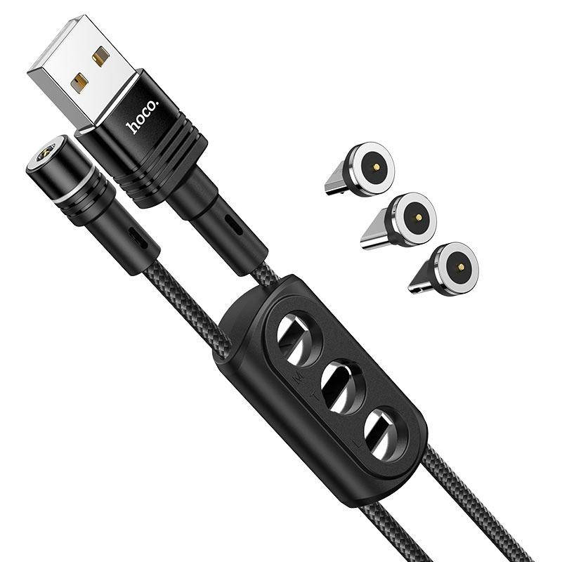 

Магнитный кабель 3 в 1 (Lightning, Micro USB, Type-C) тканевый круглый 360 Hoco U98 черный