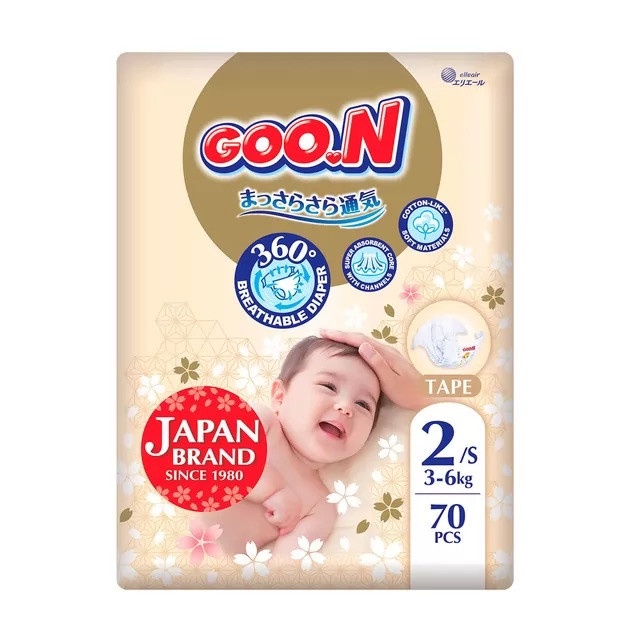 Підгузки Goo.N Premium Soft для дітей (розмір 2(S), 3-6 кг, 70 шт) F1010101-153