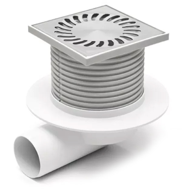 425 XL Двокорпусний трап з горизонтальним підключенням DN50, h 113-169мм, сухий сифон Neptun, з фланцем, квадратна дизайнерська